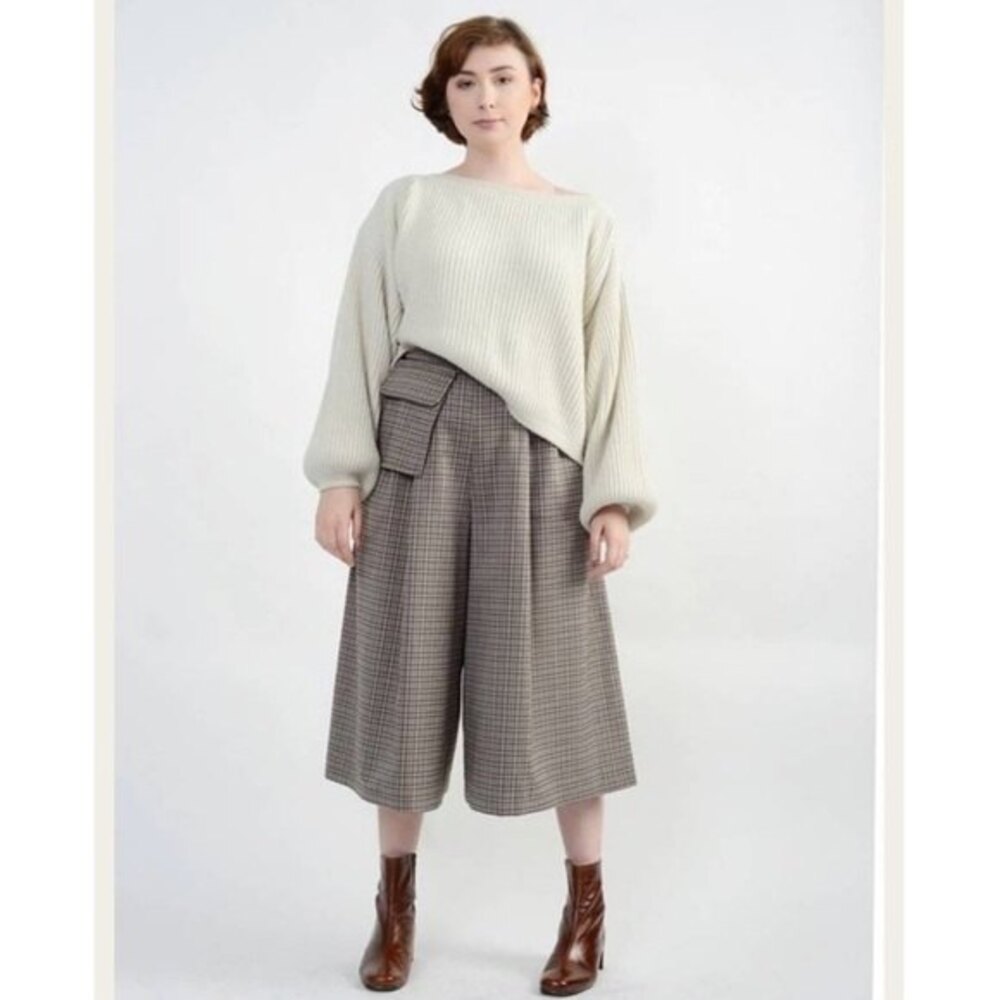 Meg Derby High Waist Culotte Pants Sand Plaid Side Zip XS NWT